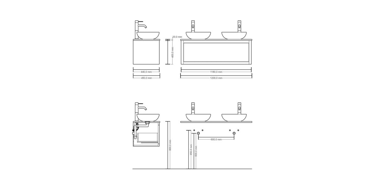 Asti Unterschrank aus Massiveiche mit einer Schublade 120 cm mit Greystone Platte – Doppel-Waschtischplatte, ohne Aufsatzbecken – Bild 4