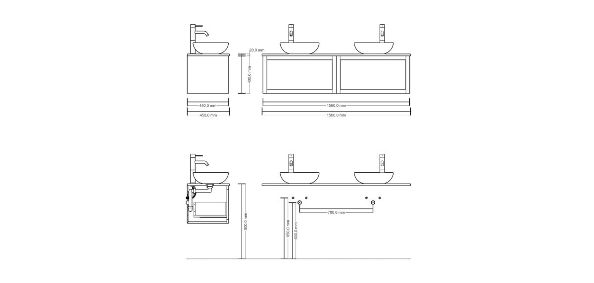 Amalfi Unterschrank aus Massiveiche mit zwei Schublade 160 cm mit Solid Surface Platte – Doppel-Waschtischplatte, ohne Aufsatzbecken – Bild 4