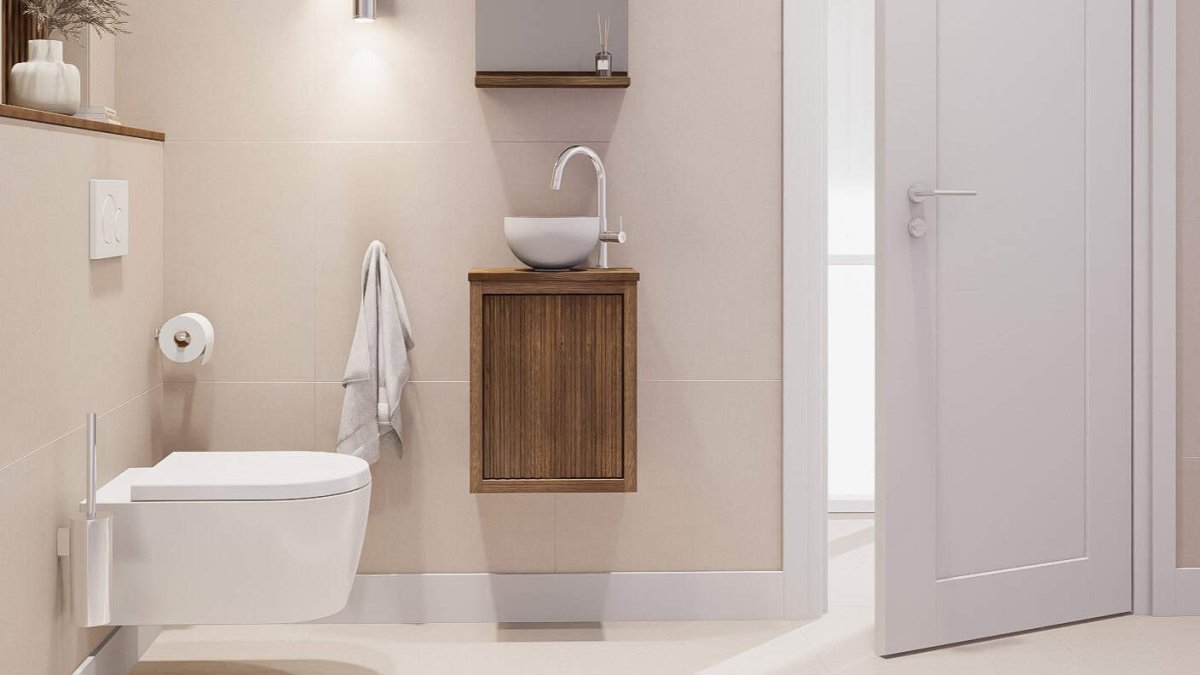 Gäste WC Aufsatzbecken mit Unterschrank 40 Eiche dunkel Rillenfront mit mattweißem Aufsatzbecken – Bild 2