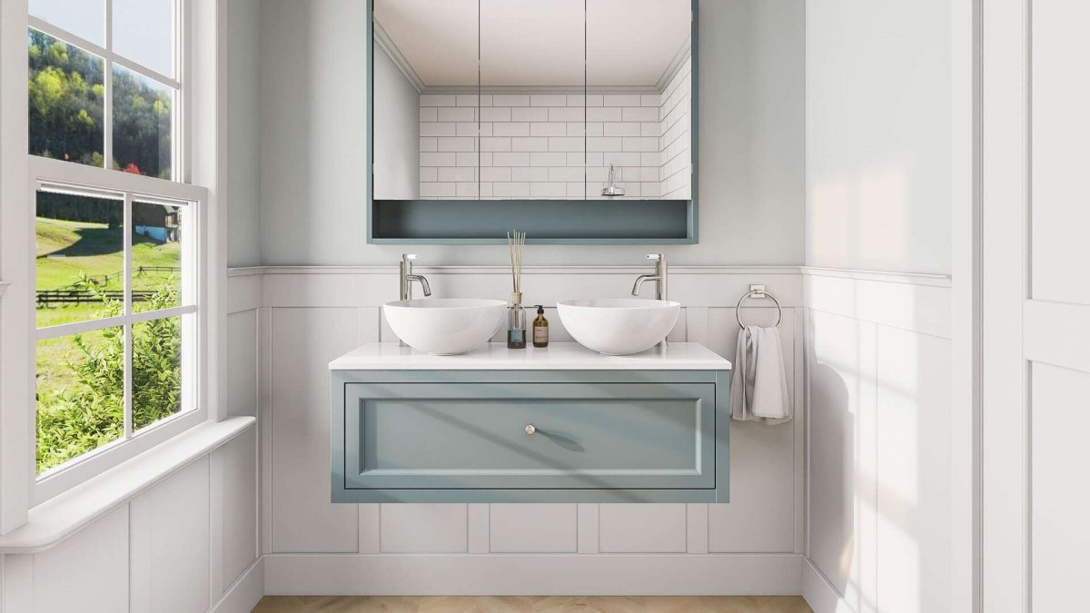 Klassischer Badmöbel 120 in der Farbe Oval Room Blue mit zwei Waschbecken