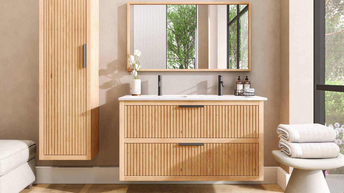 Grooveline doppelter Badmöbel 120 cm aus Massiver Natureiche mit Doppelwaschbecken aus Keramik – Bild 2