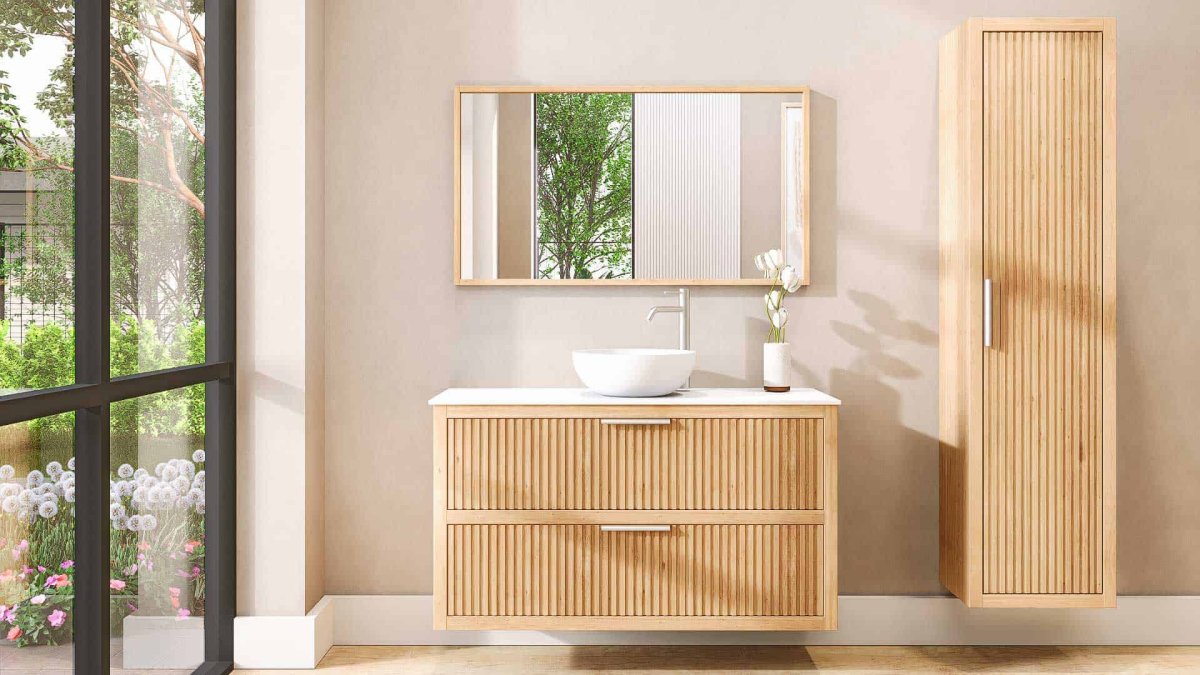 Oakridge 120 cm Waschtischunterschrank aus Massivereiche natur mit Solid Surfaceplatte und Aufsatzbecken – Bild 3