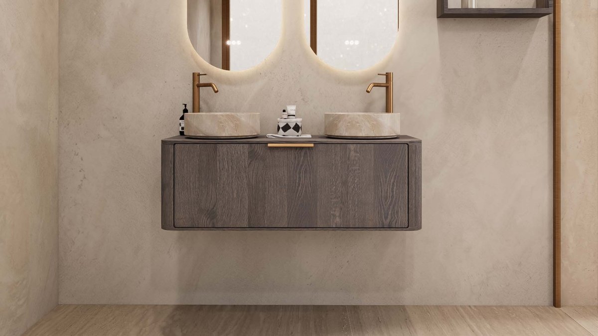 Korfu Rounded Badmöbel 120 cm — dunkle Eiche, 2 beige Marmor-Becken – Bild 2