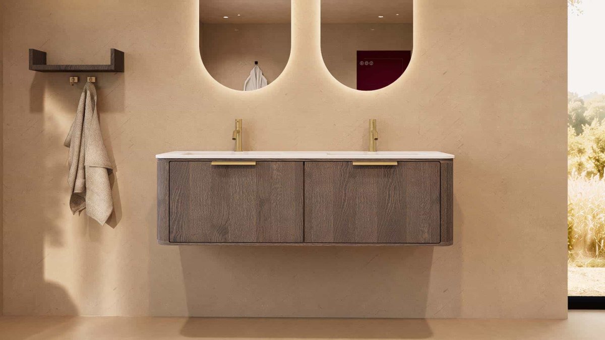 Vernazza Badmöbel 140 cm – massive Dunkeleiche mit mattweißem Solid Surface-Doppelwaschtisch
