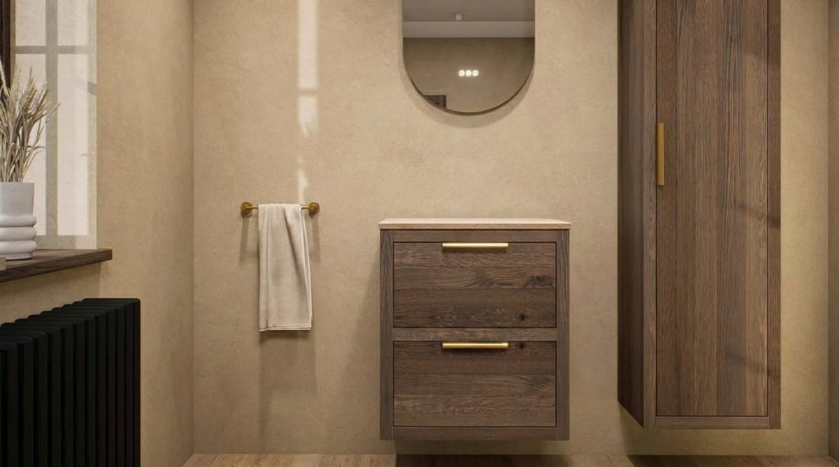 Trevi Unterschrank aus Massiveiche mit doppelter Schublade 60 cm mit Cashmere Betonplatte – ohne Aufsatzbecken