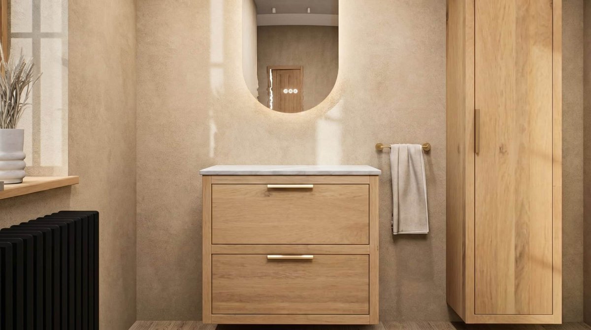 Cervo Unterschrank aus Massiveiche mit doppelter Schublade 80 cm mit Marmorplatte – ohne Aufsatzbecken – Bild 2