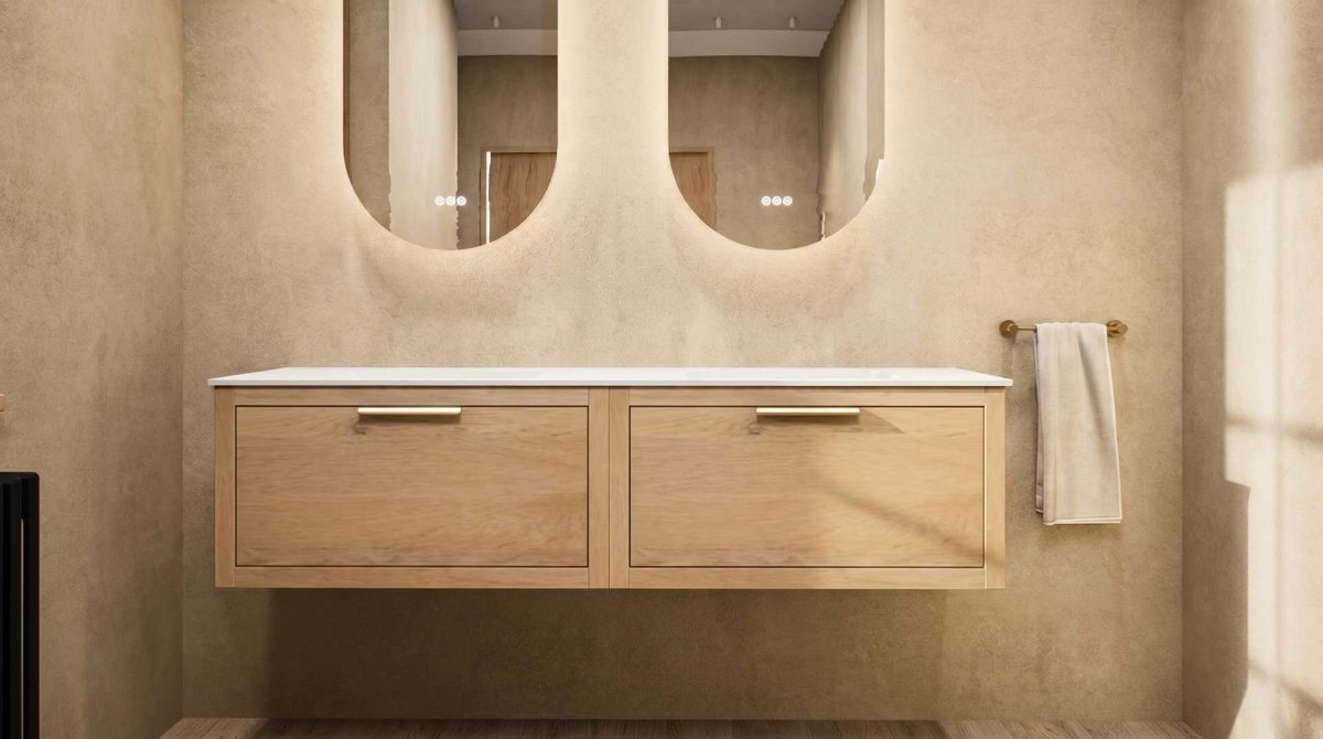 Amalfi Unterschrank aus Massiveiche mit zwei Schublade 160 cm mit Solid Surface Platte – Doppel-Waschtischplatte, ohne Aufsatzbecken – Bild 2