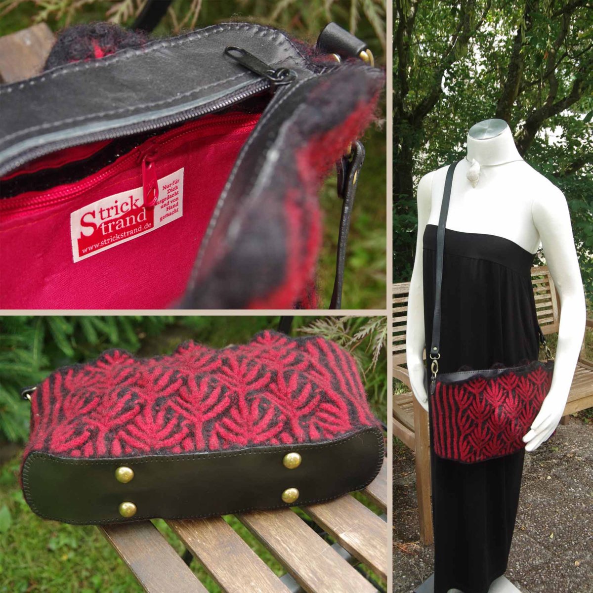 Fertiges: Tasche „Rote Tannenzweige“/ StrickStrand – schwarz und rot – Schulterriemen – 36 cm groß – Bild 5