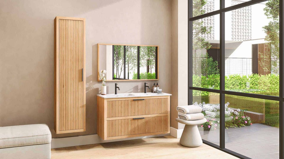 Grooveline doppelter Badmöbel 120 cm aus Massiver Natureiche mit Doppelwaschbecken aus Keramik – Bild 6