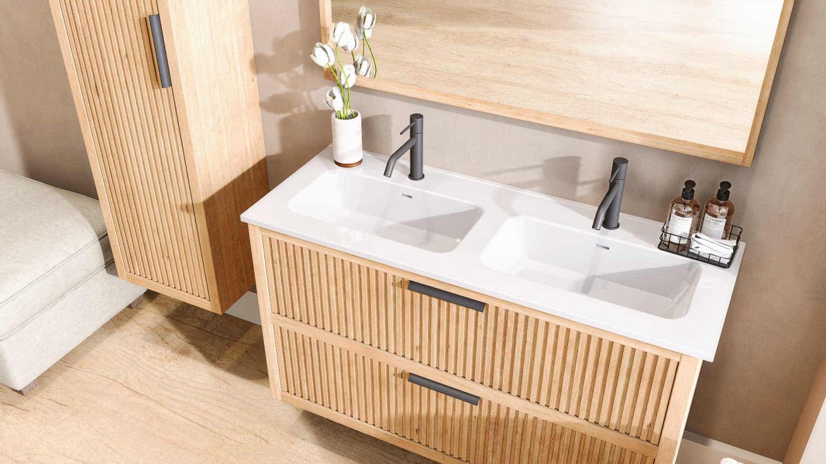 Grooveline doppelter Badmöbel 120 cm aus Massiver Natureiche mit Doppelwaschbecken aus Keramik – Bild 7