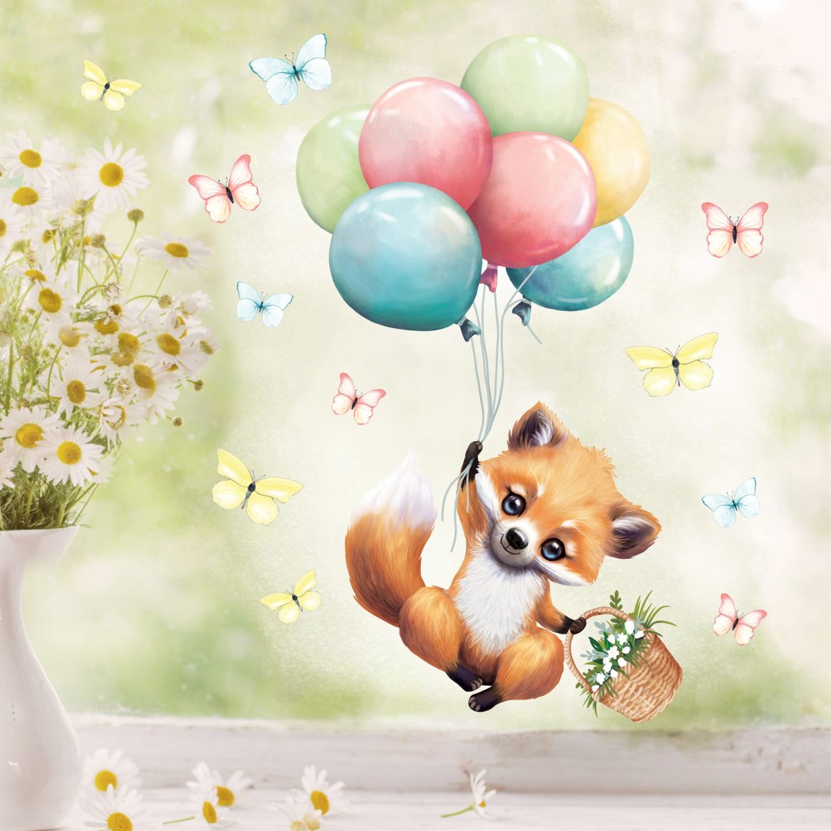 Fensterbild Kinderzimmer Frühling Ostern Fuchs Luftballons Schmetterlinge Fensterdeko Kind, Frühlingsdeko, Osterdeko – Bild 2