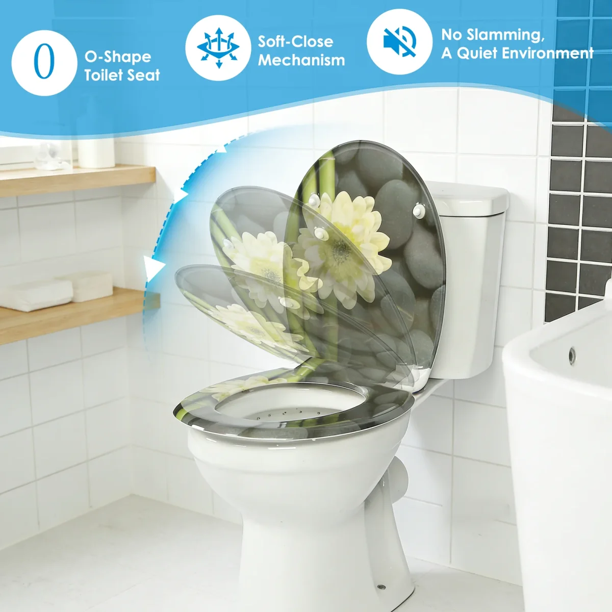 SINOBATH Duroplast WC-Sitz O-Form Blume-Optik Absenkautomatik — UF12-240 – Bild 5