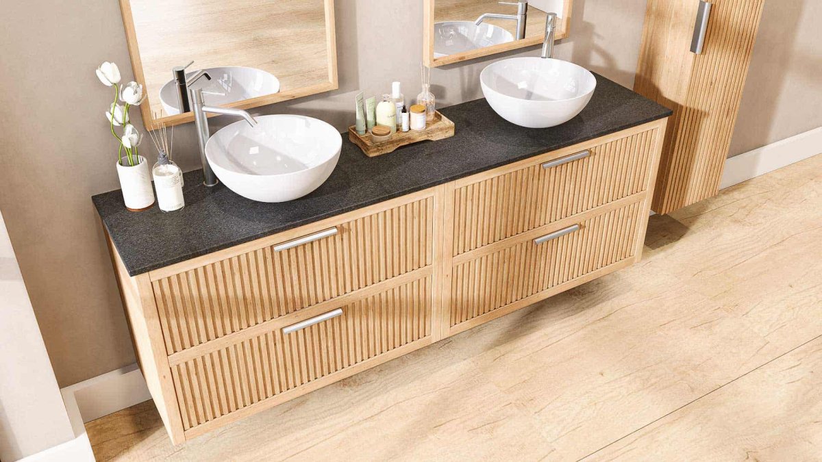 Barewood 200 cm Waschtischunterschrank aus Massivereiche natur mit Granitplatte und zwei Aufsatzbecken – Bild 7