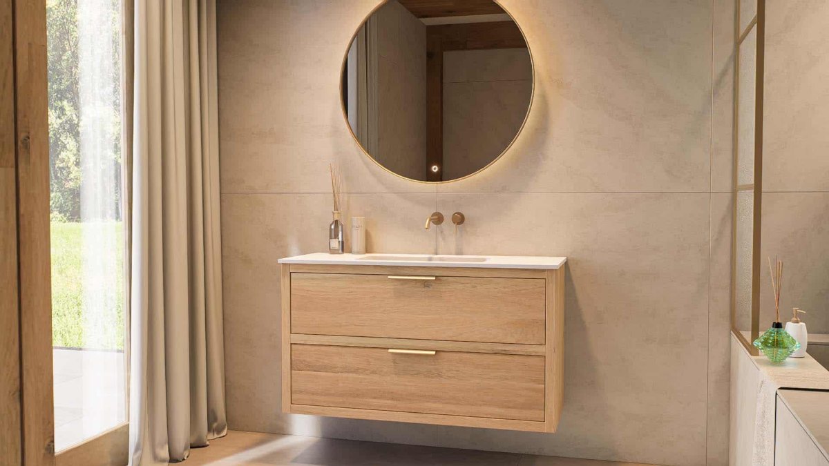 Norden Oakstone Eiche Badmöbel 120 cm – Einzelwaschtisch – 2 Schubladen – Eiche Natur – Bild 5