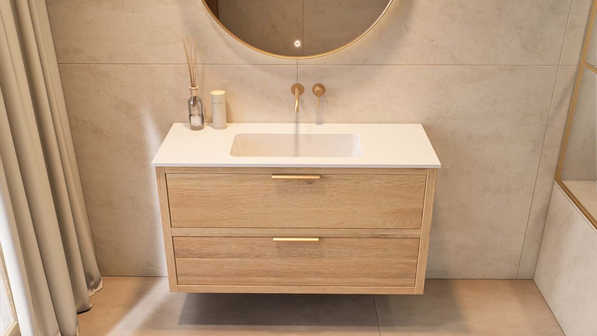 Norden Oakstone Eiche Badmöbel 120 cm – Einzelwaschtisch – 2 Schubladen – Eiche Natur – Bild 6