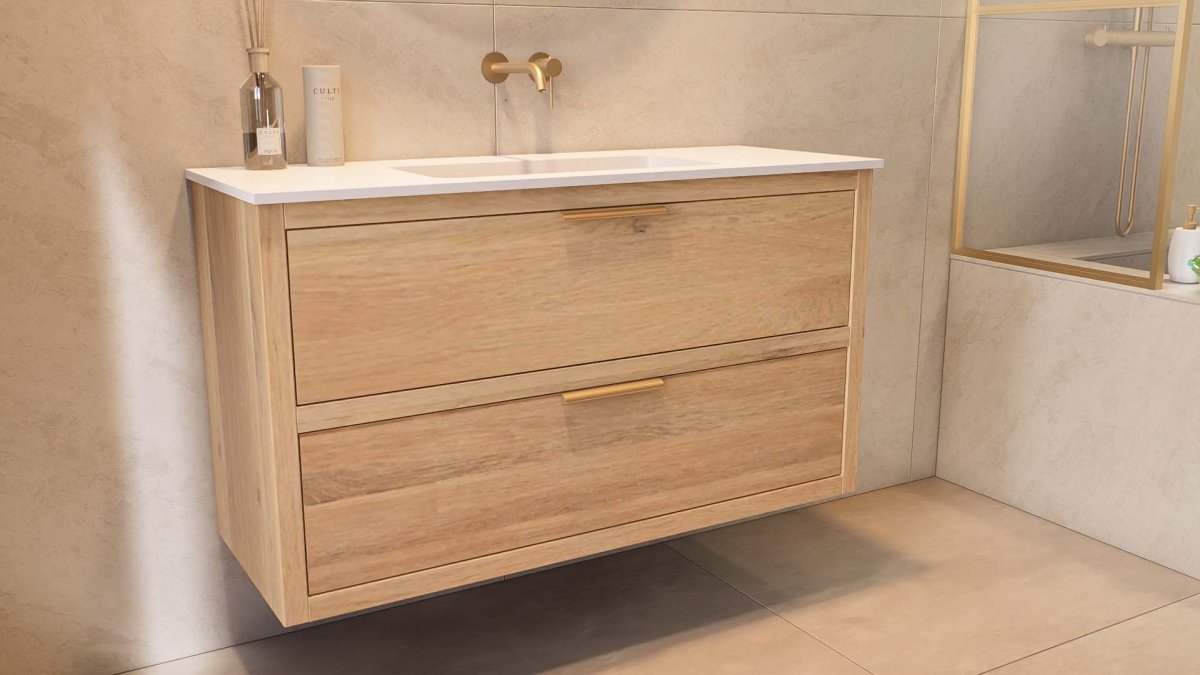 Norden Oakstone Eiche Badmöbel 120 cm – Einzelwaschtisch – 2 Schubladen – Eiche Natur – Bild 7