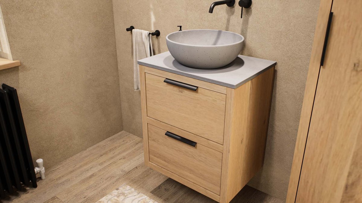 Lucca Badmöbel aus Massiveiche mit doppelter Schublade 60 cm mit Greystone Platte und Aufsatzbecken – Bild 7