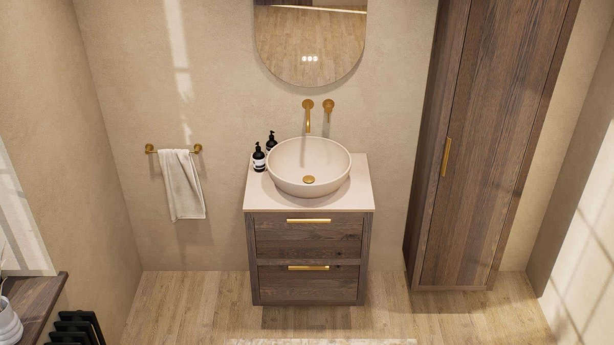 Trevi Badmöbel aus Massiveiche mit doppelter Schublade 60 cm mit Cashmere Betonplatte und Aufsatzbecken – Bild 6