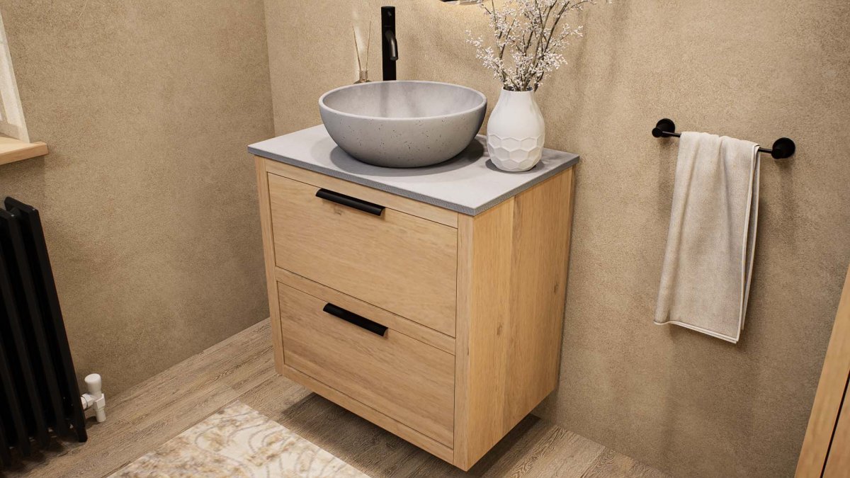 Lucca Badmöbel aus Massiveiche mit doppelter Schublade 70 cm mit Greystone Platte und Aufsatzbecken – Bild 7