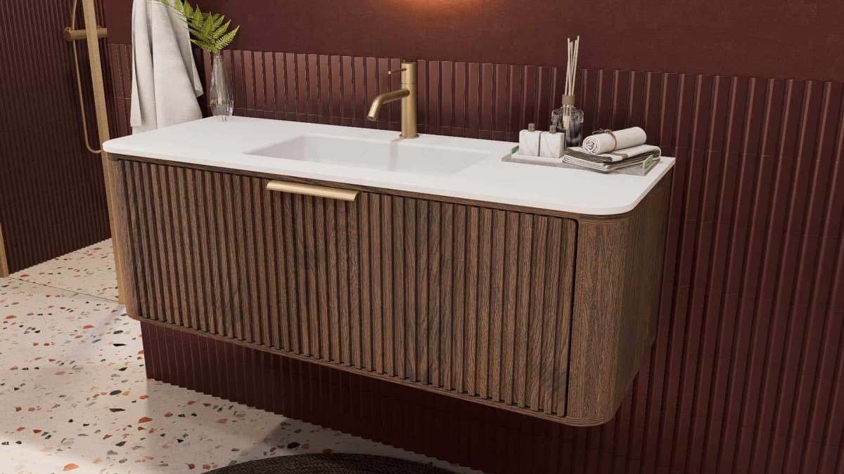 Positano Badmöbel 120 cm – massive Dunkeleiche mit mattweißem Solid Surface-Waschtisch – Bild 6