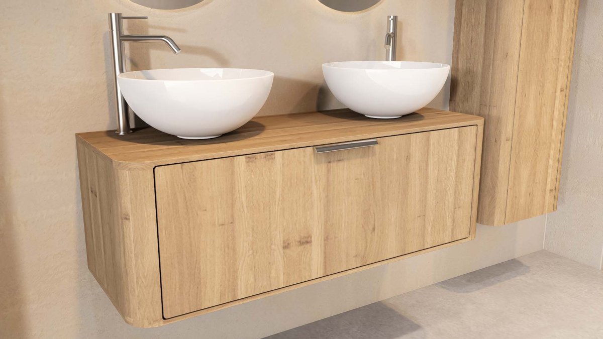 Bergwood Curved Badmöbel 120 cm – massive Eiche natur mit zwei glänzend weißen Keramik-Aufsatzwaschbecken – Bild 7
