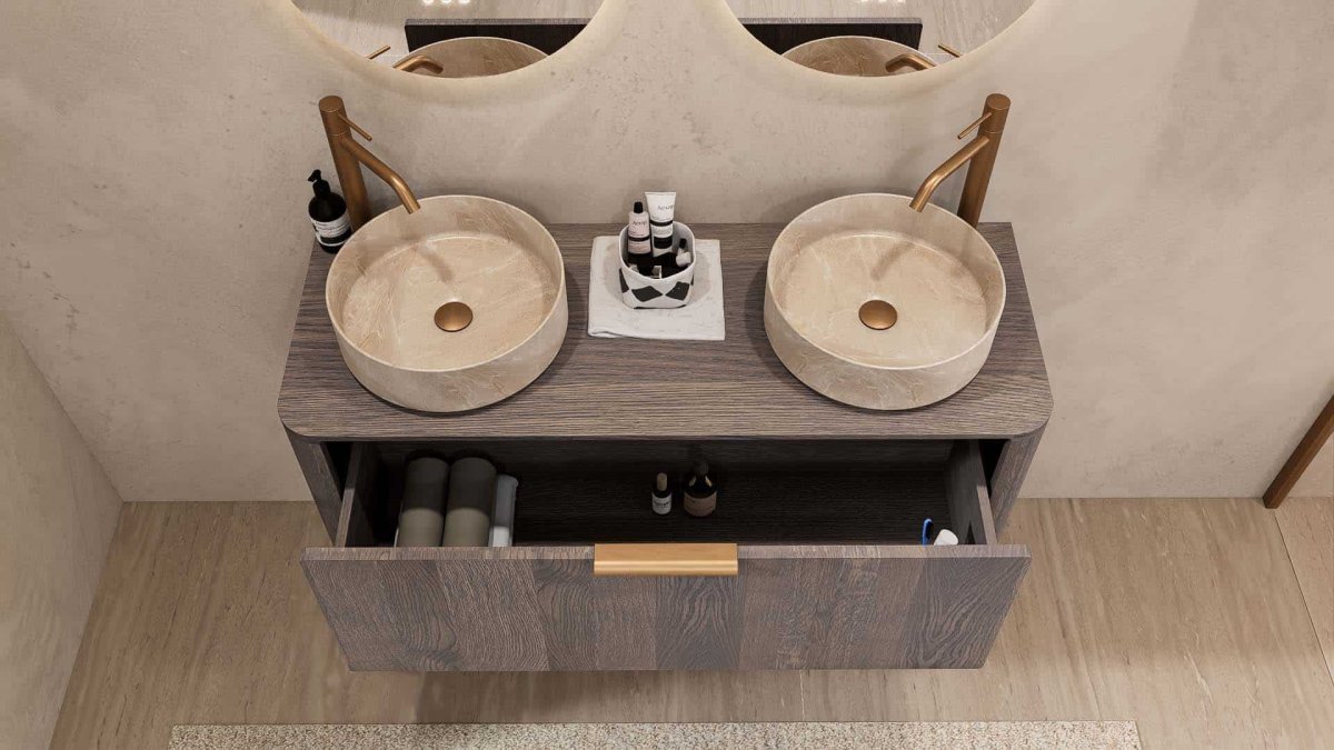 Korfu Rounded Badmöbel 120 cm — dunkle Eiche, 2 beige Marmor-Becken – Bild 8