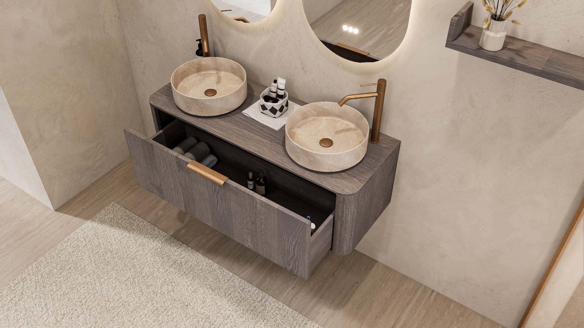 Korfu Rounded Badmöbel 120 cm — dunkle Eiche, 2 beige Marmor-Becken – Bild 9