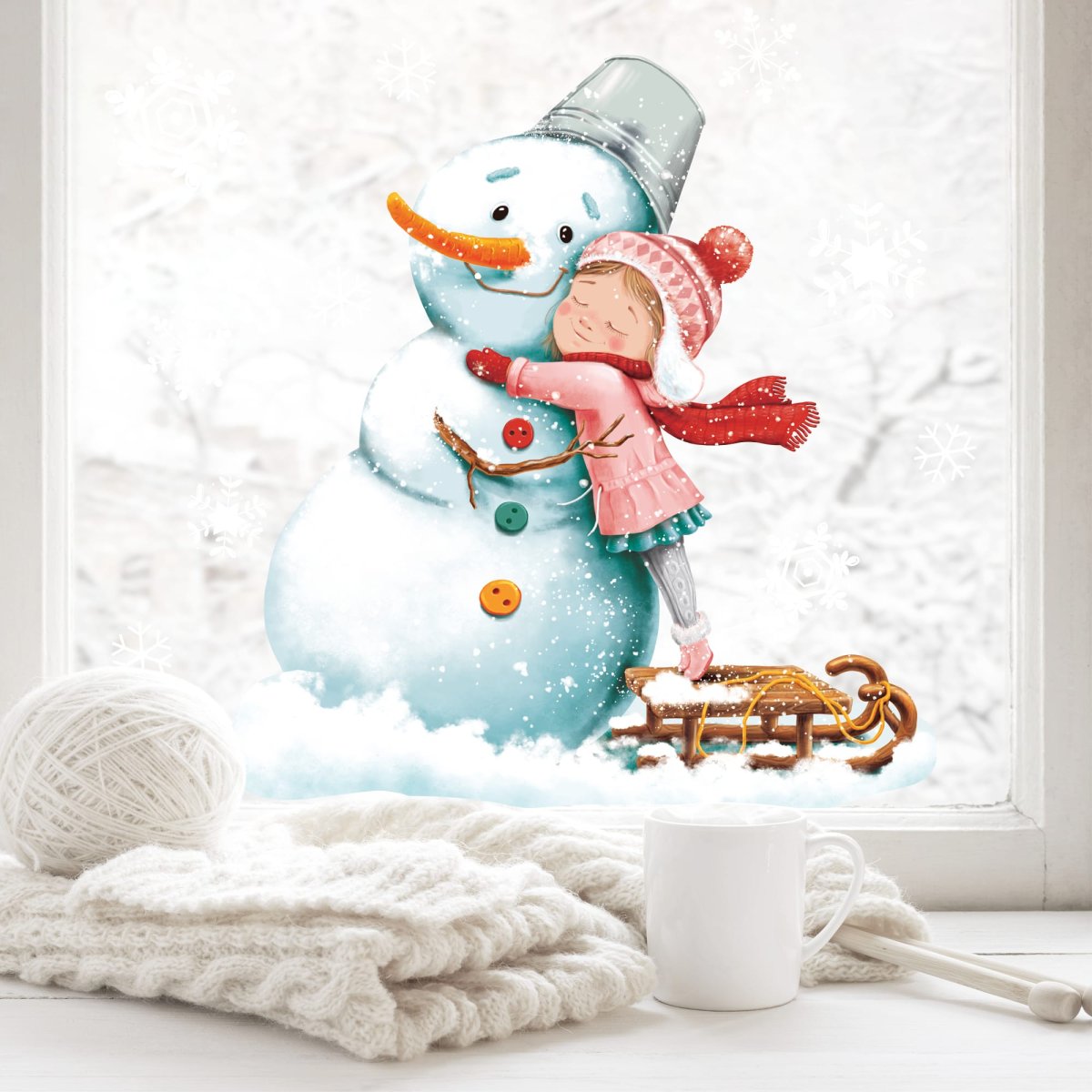 Fensterbild Weihnachten Winter Schneemann mit Mädchen und Schneeflocken Fensteraufkleber Weihnachtsdekoration Winterdekoration – Bild 2