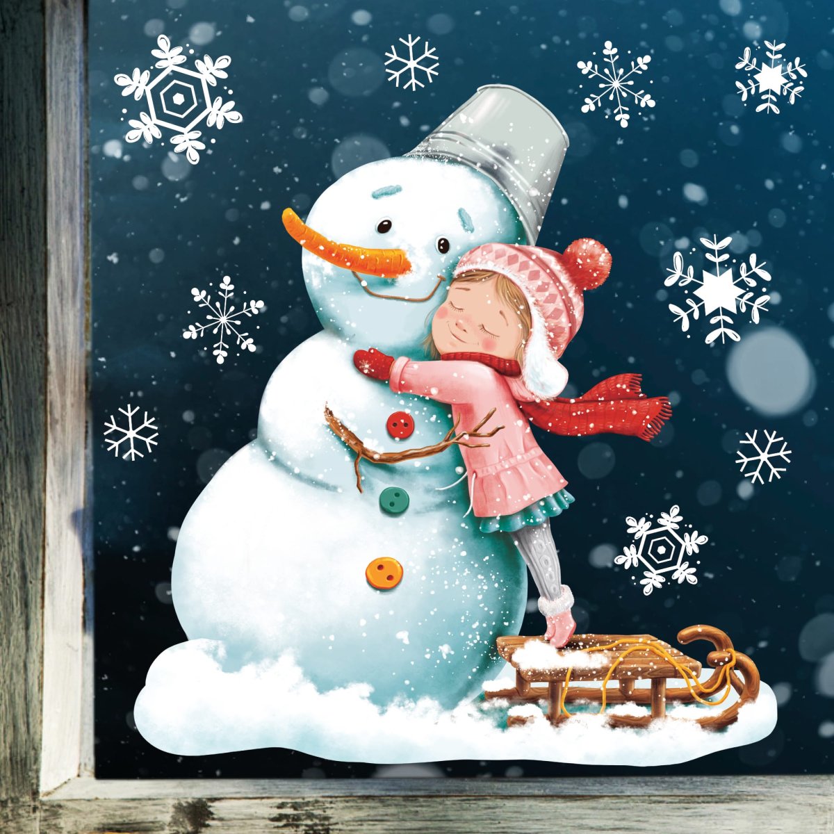 Fensterbild Weihnachten Winter Schneemann mit Mädchen und Schneeflocken Fensteraufkleber Weihnachtsdekoration Winterdekoration – Bild 3