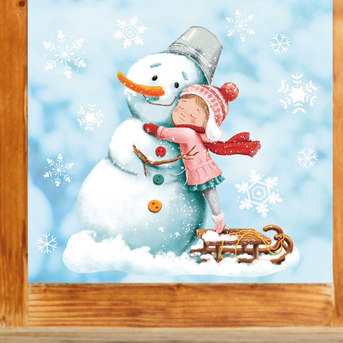 Fensterbild Weihnachten Winter Schneemann mit Mädchen und Schneeflocken Fensteraufkleber Weihnachtsdekoration Winterdekoration – Bild 5