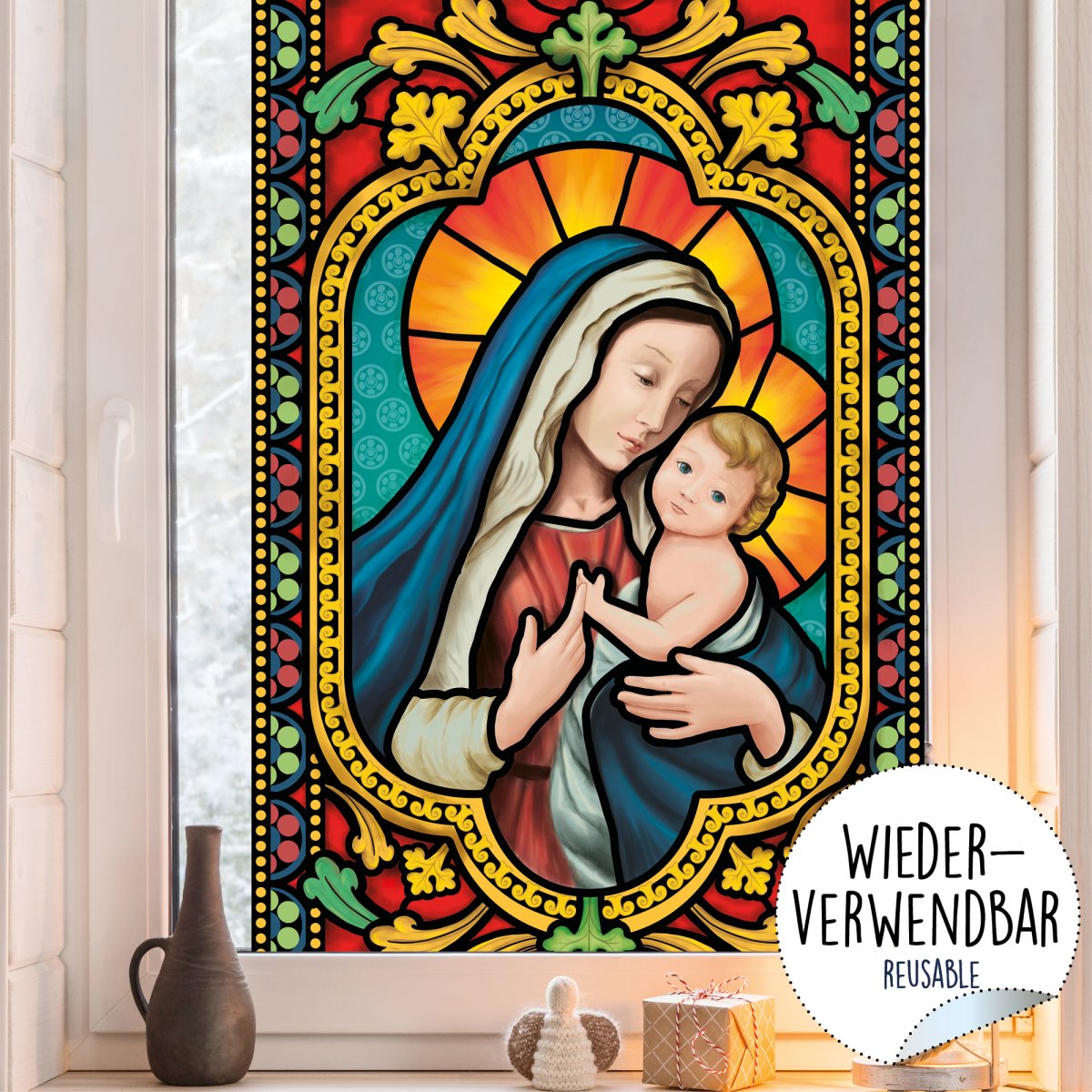 Fensterbild Weihnachten Jesus Maria Kirchenfenster Optik Mosaik Fensterfolie wiederverwendbar – Bild 4