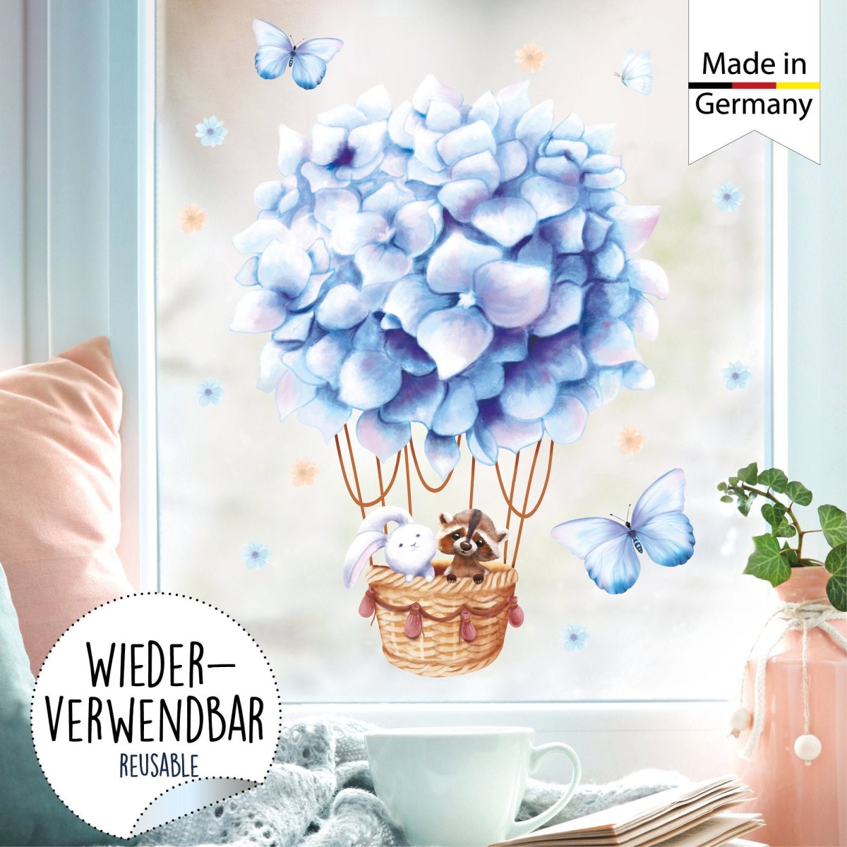 Fensterbild Frühling hellblauer Heißluftballon mit Waschbär und Hase Fensterdeko Kinderzimmer Kind, Frühlingsdeko – Bild 2