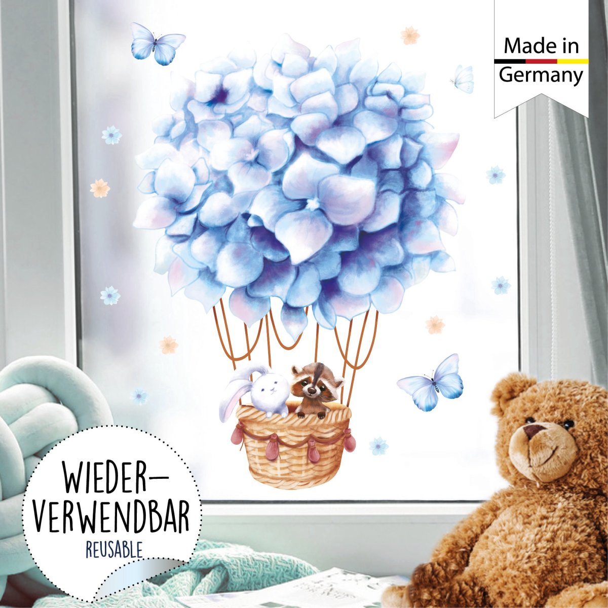 Fensterbild Frühling hellblauer Heißluftballon mit Waschbär und Hase Fensterdeko Kinderzimmer Kind, Frühlingsdeko – Bild 3