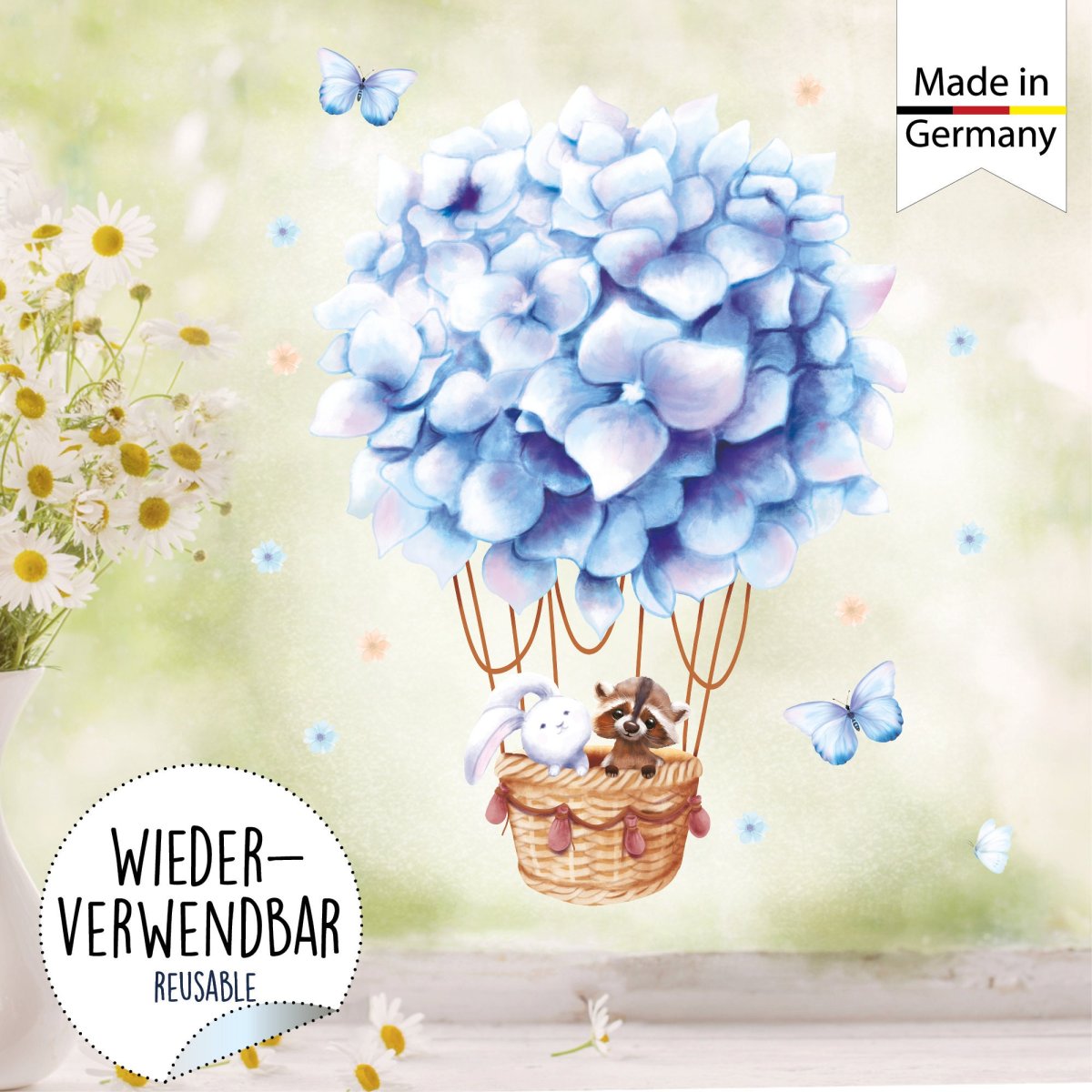 Fensterbild Frühling hellblauer Heißluftballon mit Waschbär und Hase Fensterdeko Kinderzimmer Kind, Frühlingsdeko – Bild 4