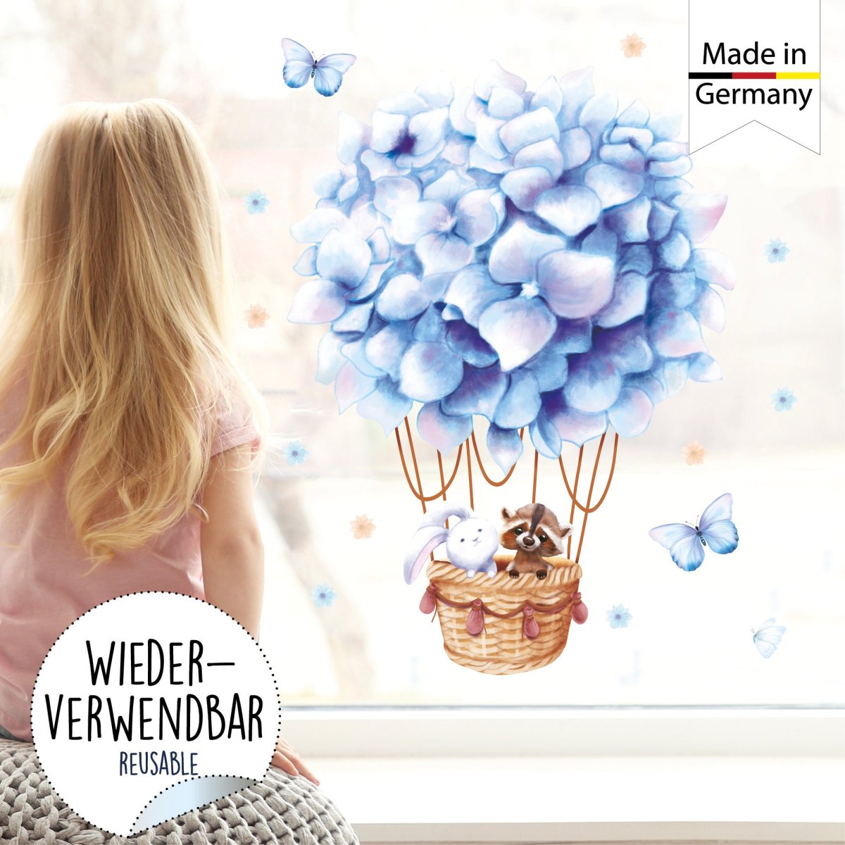 Fensterbild Frühling hellblauer Heißluftballon mit Waschbär und Hase Fensterdeko Kinderzimmer Kind, Frühlingsdeko – Bild 5