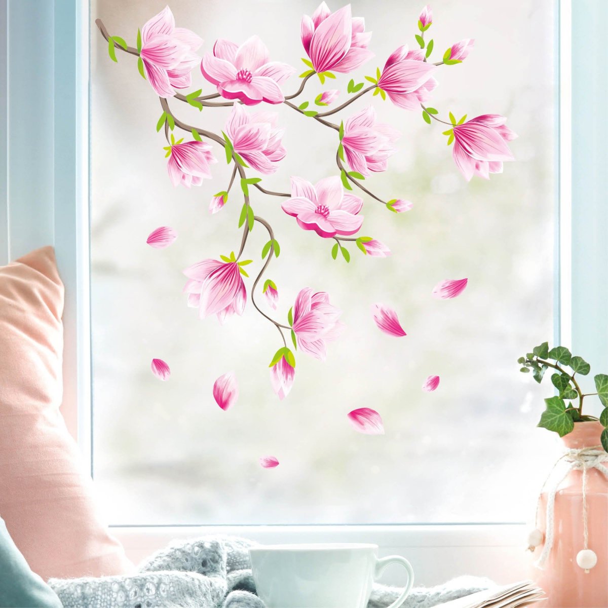 Fensterbild Frühling Ostern bunte Magnolien Blumenranke wiederverwendbar Fensterdeko Kinderzimmer Kind Frühlingsdeko – Bild 2