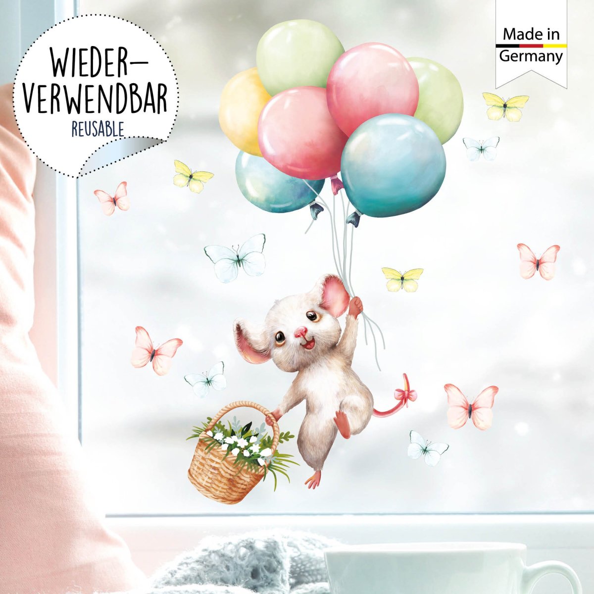 Fensterbild Frühling Ostern Maus Luftballons Schmetterlinge Fensterdeko Kinderzimmer Kind, Osterdeko Frühlingsdeko – Bild 5