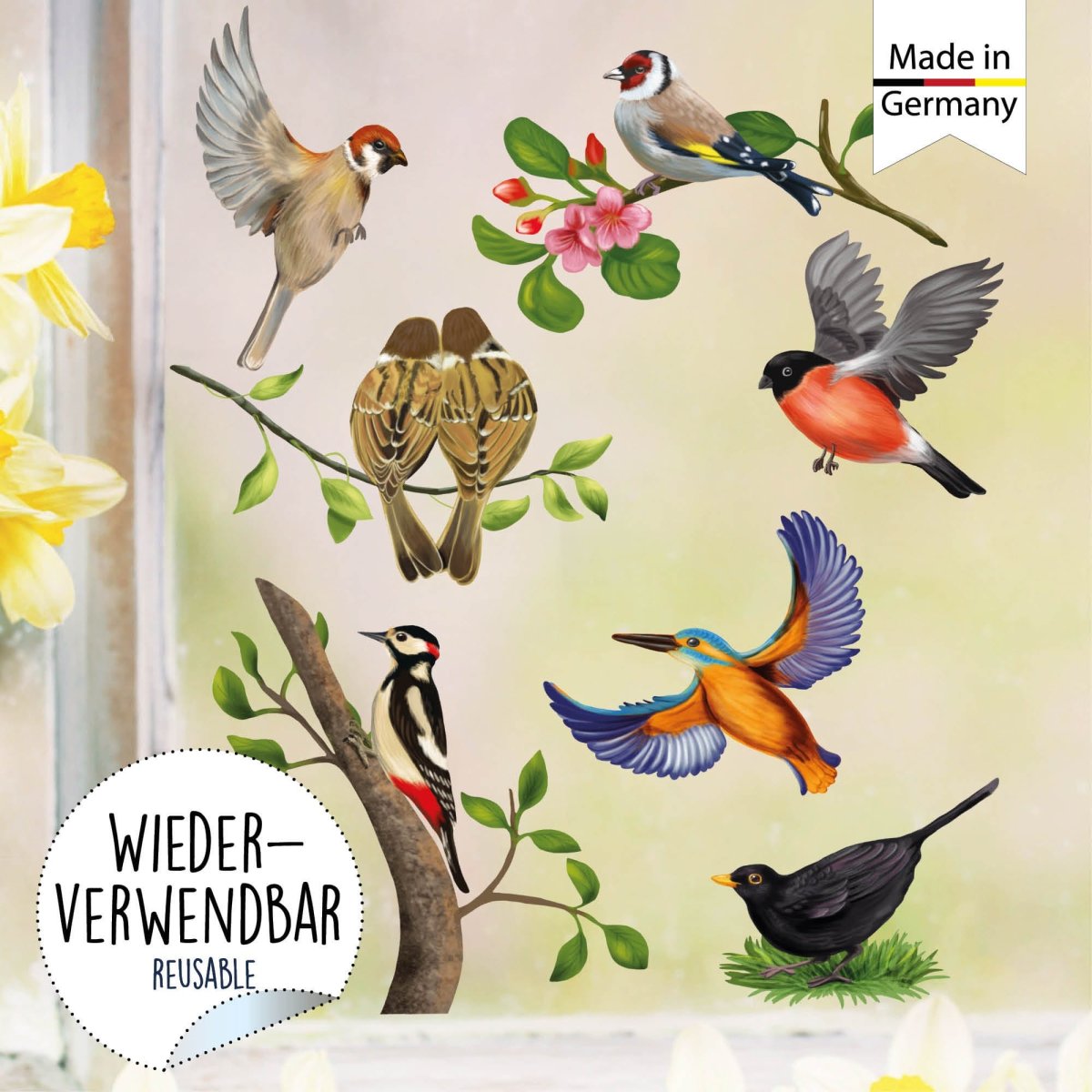 Fensterbild Frühling Vogel Vögel Vogelset bunt farbig wiederverwendbare Fensteraufkleber Kinderzimmer Baby Kind, Osterdeko, Frühlingsdeko – Bild 4