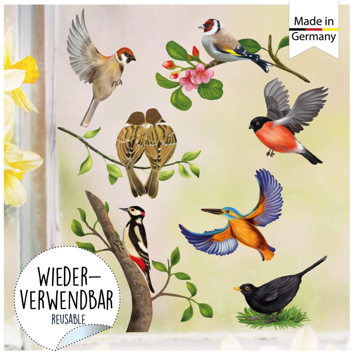 Fensterbild Frühling Vogel Vögel Vogelset bunt farbig wiederverwendbare Fensteraufkleber Kinderzimmer Baby Kind, Osterdeko, Frühlingsdeko – Bild 5