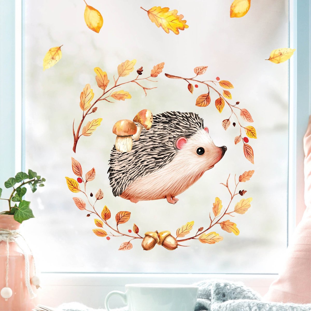 Fensterbild Herbst Igel mit Pilzen und Blätterkranz wiederverwendbare Fensteraufkleber Kinderzimmer – Bild 2