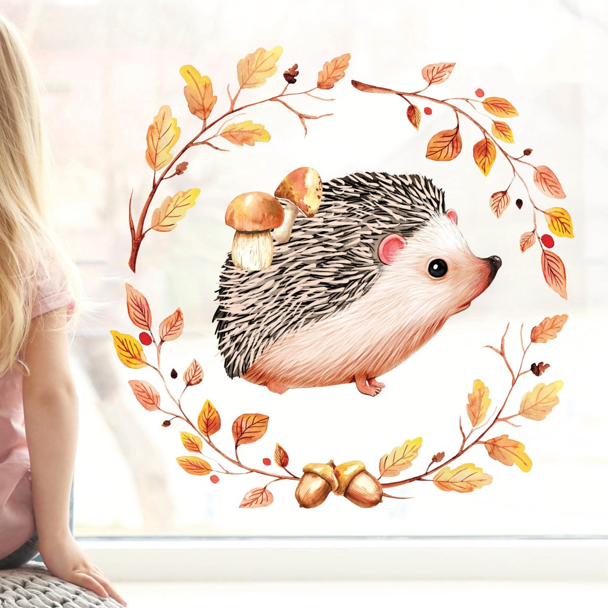 Fensterbild Herbst Igel mit Pilzen und Blätterkranz wiederverwendbare Fensteraufkleber Kinderzimmer – Bild 3