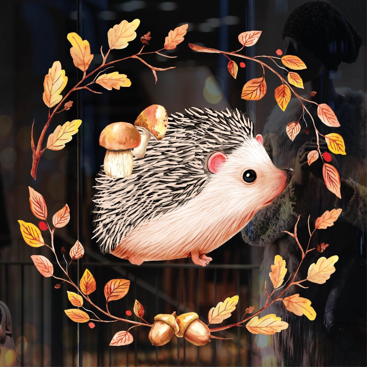 Fensterbild Herbst Igel mit Pilzen und Blätterkranz wiederverwendbare Fensteraufkleber Kinderzimmer – Bild 5