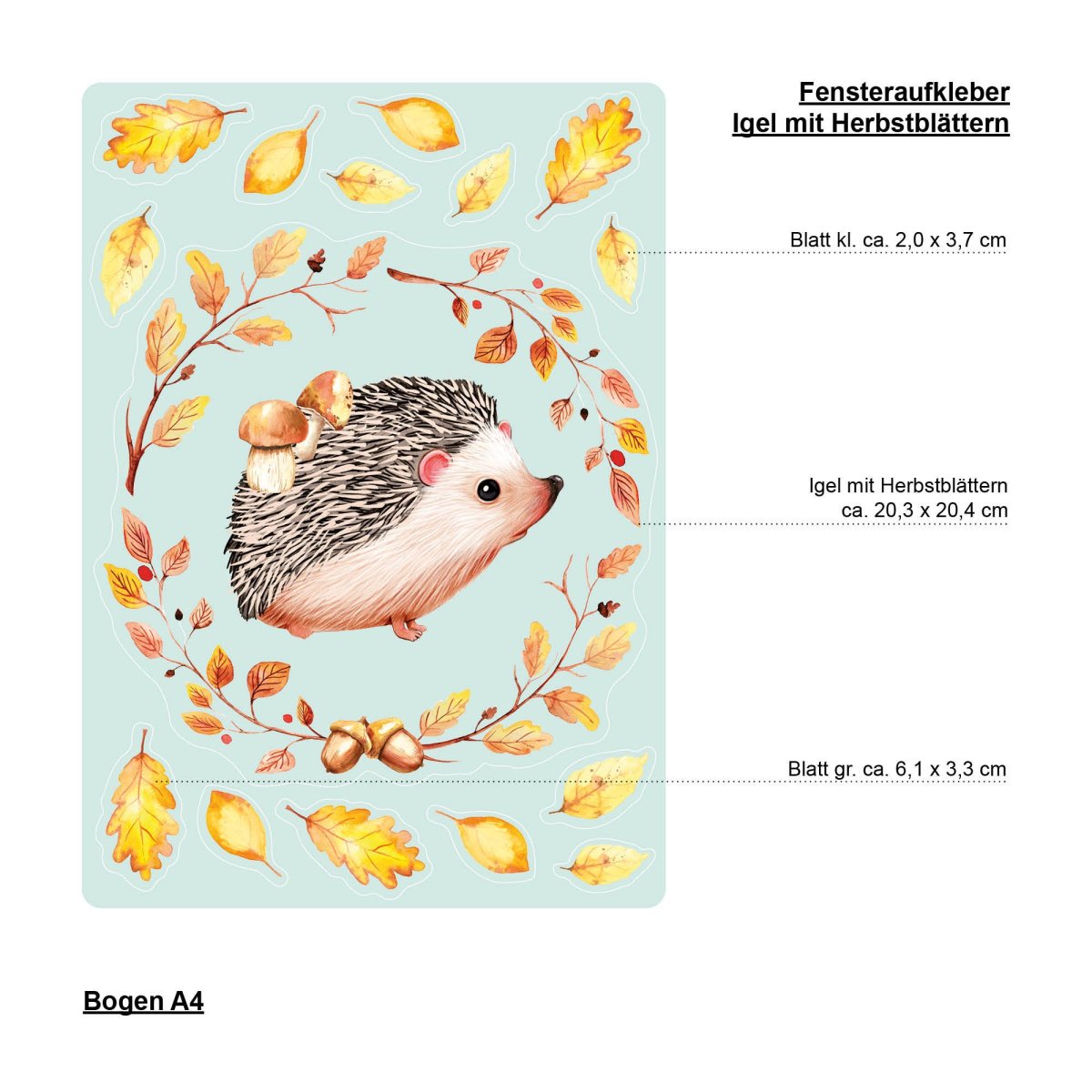 Fensterbild Herbst Igel mit Pilzen und Blätterkranz wiederverwendbare Fensteraufkleber Kinderzimmer – Bild 9