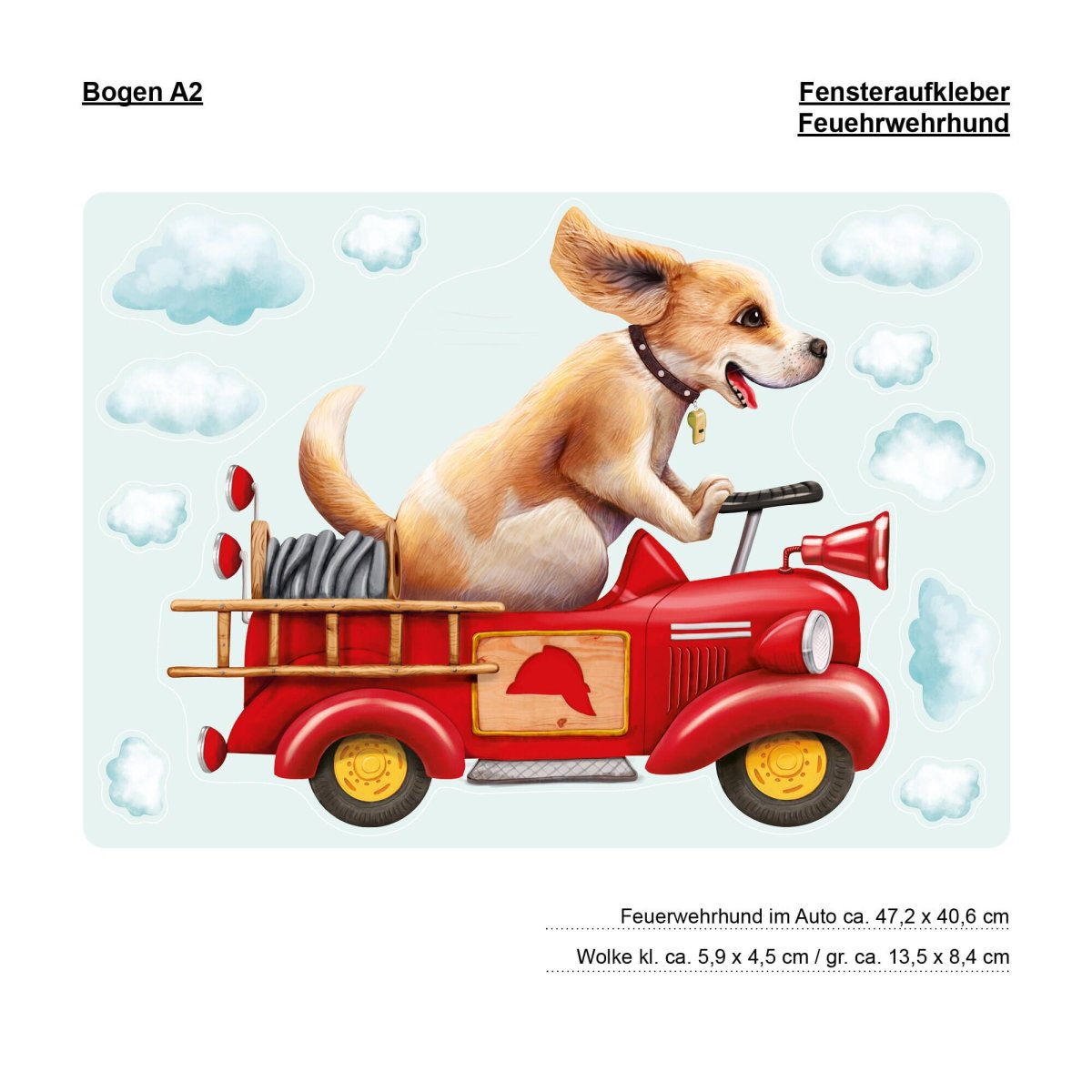 Fensterbild Hund im retro Feuerwehrauto mit Wolken, Fensterdeko Kinderzimmer Kind – Bild 7