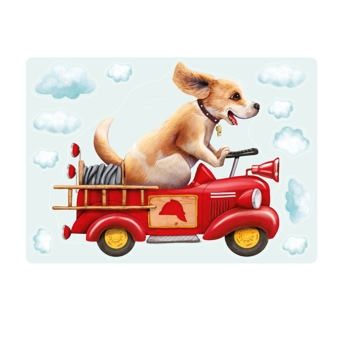 Fensterbild Hund im retro Feuerwehrauto mit Wolken, Fensterdeko Kinderzimmer Kind – Bild 6