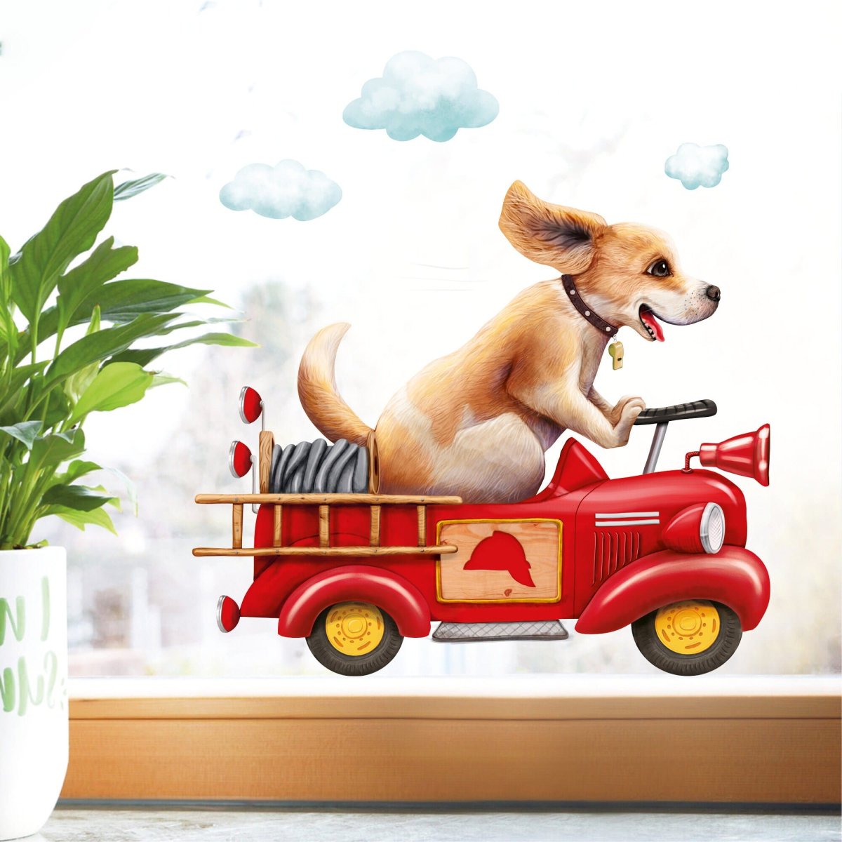 Fensterbild Hund im retro Feuerwehrauto mit Wolken, Fensterdeko Kinderzimmer Kind – Bild 5