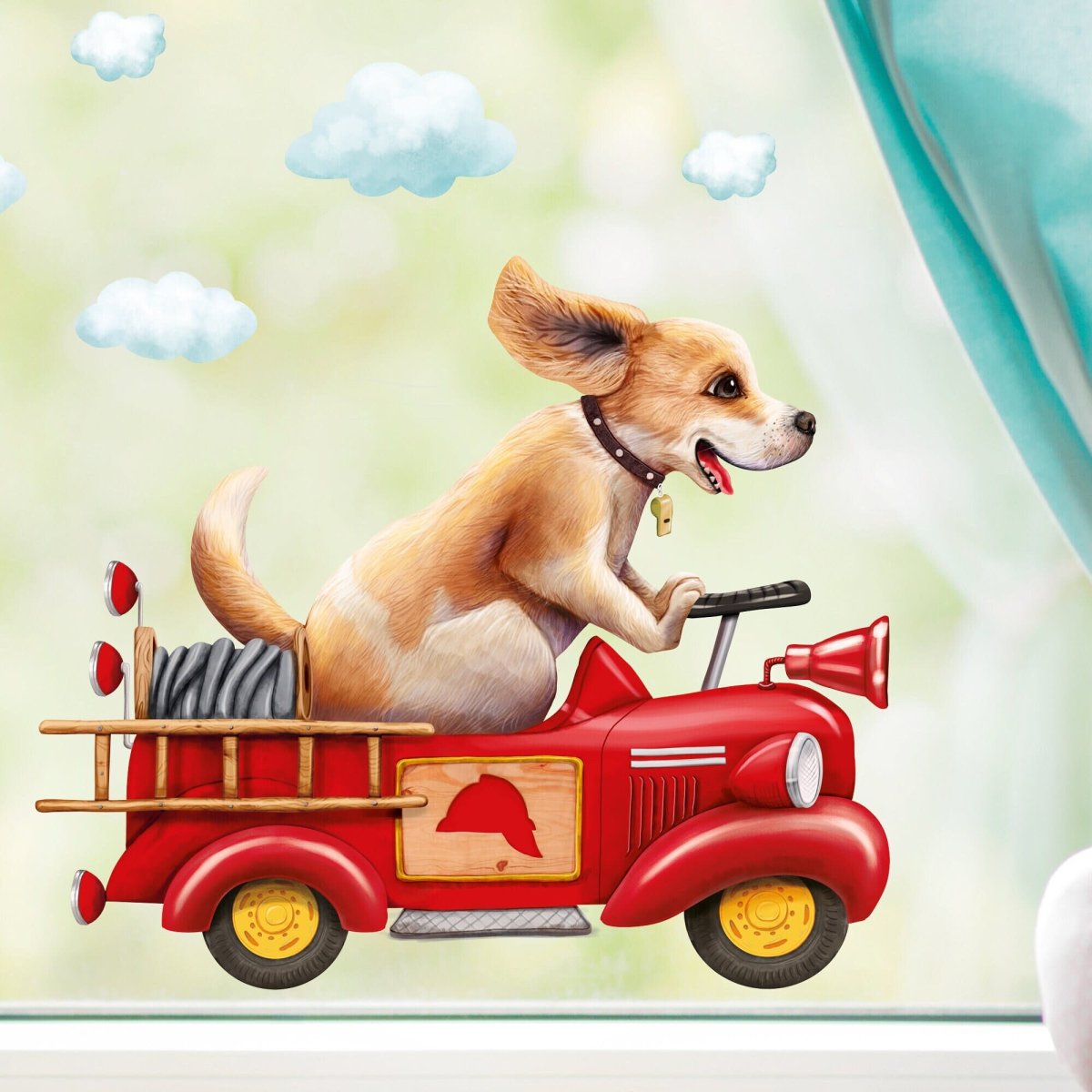 Fensterbild Hund im retro Feuerwehrauto mit Wolken, Fensterdeko Kinderzimmer Kind – Bild 3
