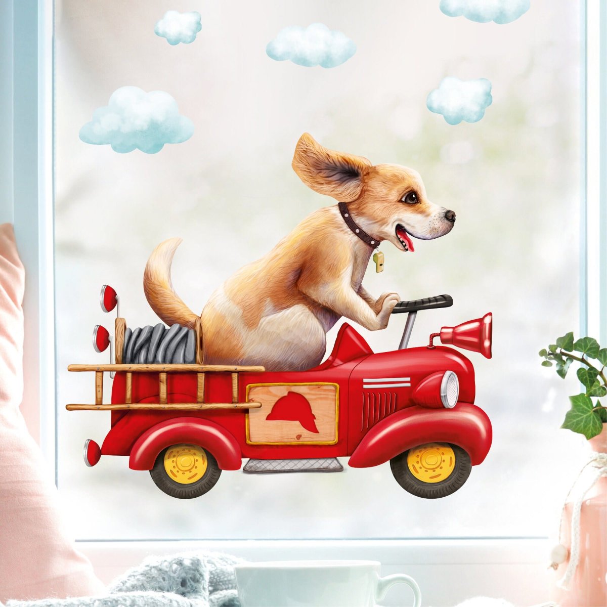 Fensterbild Hund im retro Feuerwehrauto mit Wolken, Fensterdeko Kinderzimmer Kind – Bild 2