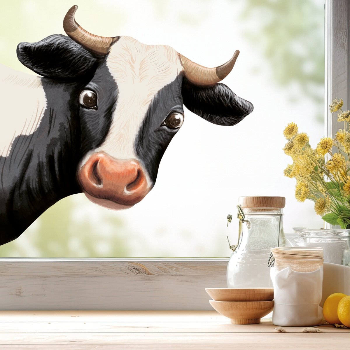 Fensterbild Kuh ins Fenster schauend braun schwarz reinschauend Kuhkopf wiederverwendbar Frühling Bauernhof Bulle Kalb – Bild 4