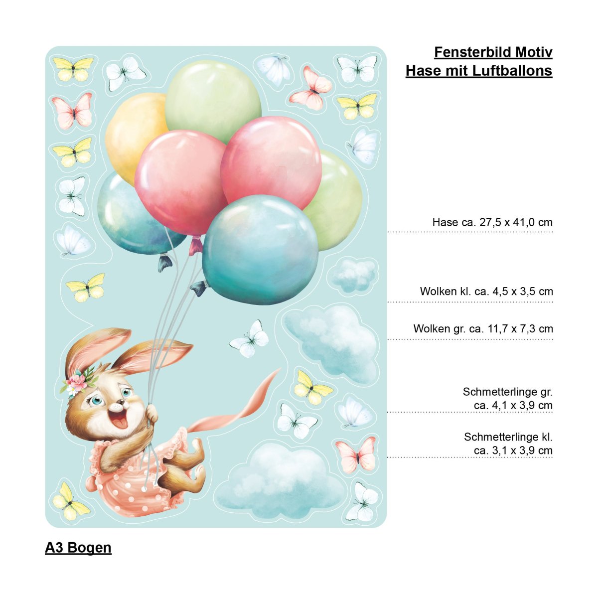 Fensterbild Ostern Hasen Mädchen mit Ballons und Schmetterlingen Frühling Fensterdeko Frühlingsdeko Kinderzimmer – Bild 4